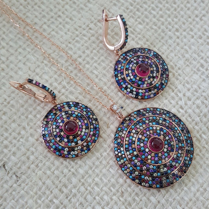 925 Sterling Silver Art Deco Multicolor Circle Jewellery Set