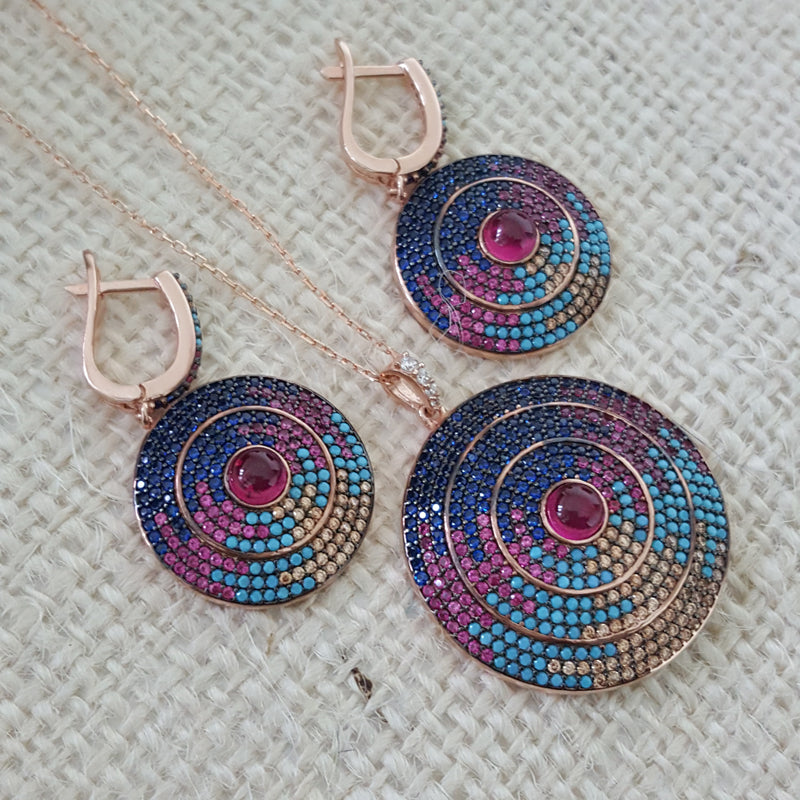 925 Sterling Silver Art Deco Multicolor Circle Jewellery Set