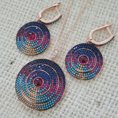 925 Sterling Silver Art Deco Multicolor Circle Jewellery Set