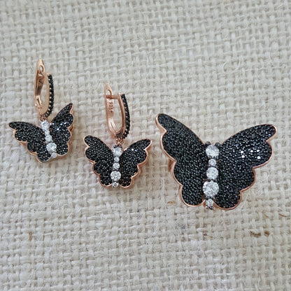 925 Sterling Silver Butterfly Black Stone Animal Jewellery Set