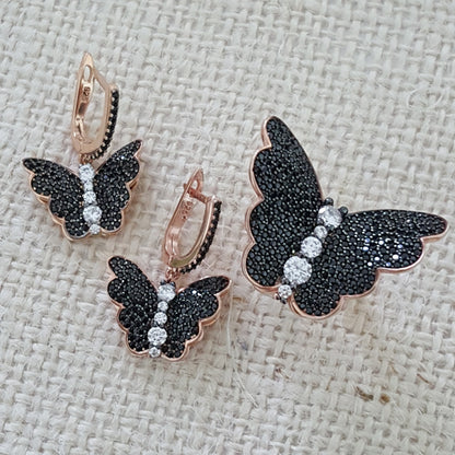 925 Sterling Silver Butterfly Black Stone Animal Jewellery Set