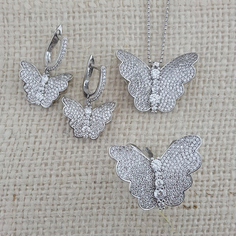 925 Sterling Silver Butterfly White Stone Animal Jewellery Set