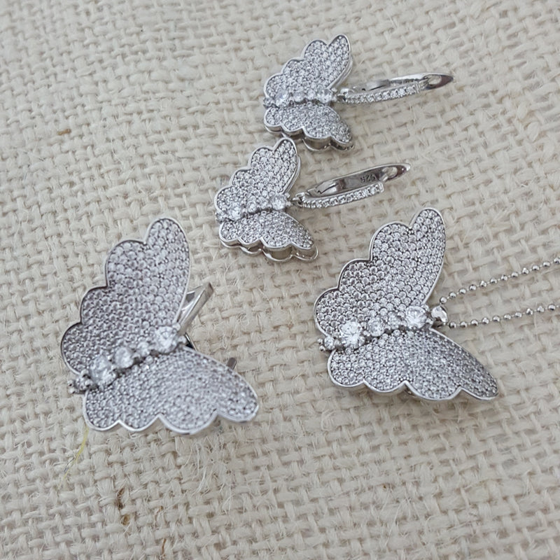 925 Sterling Silver Butterfly White Stone Animal Jewellery Set