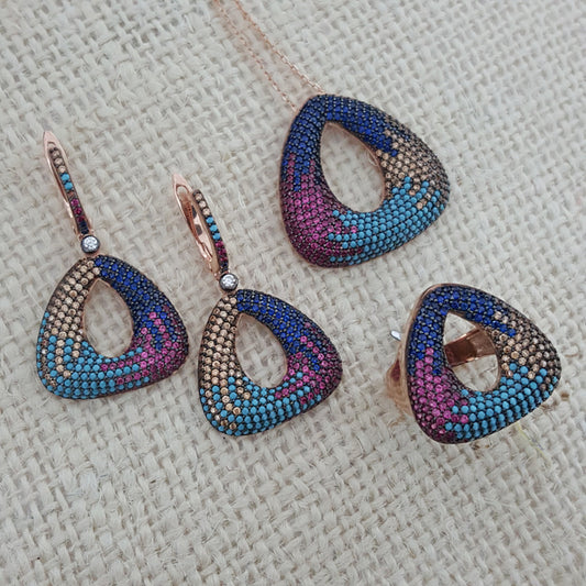 925 Sterling Silver Multicolor Stone Jewellery Set