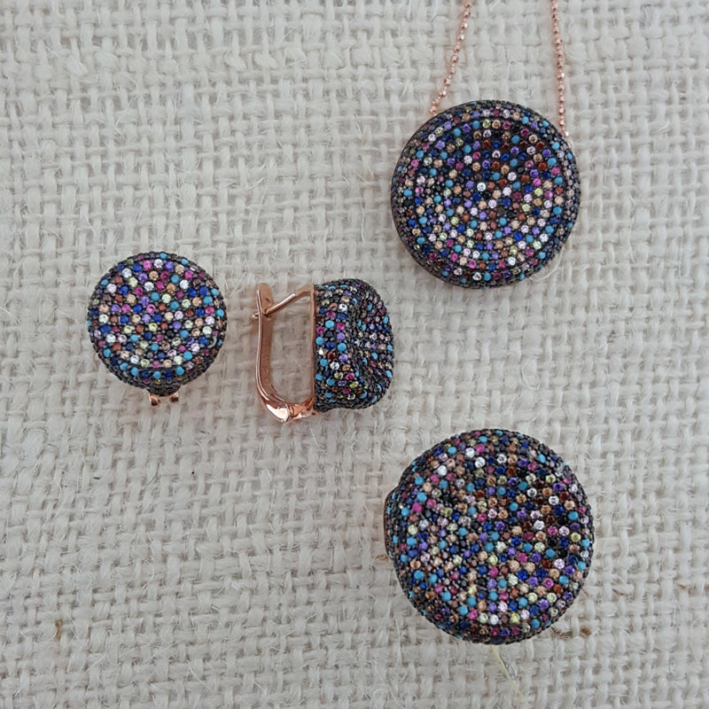 925 Sterling Silver Art Deco Colorful Circle Jewellery Set