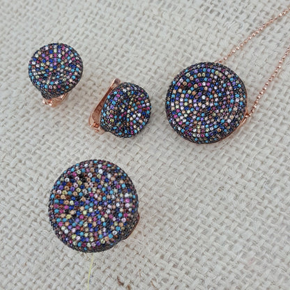 925 Sterling Silver Art Deco Colorful Circle Jewellery Set