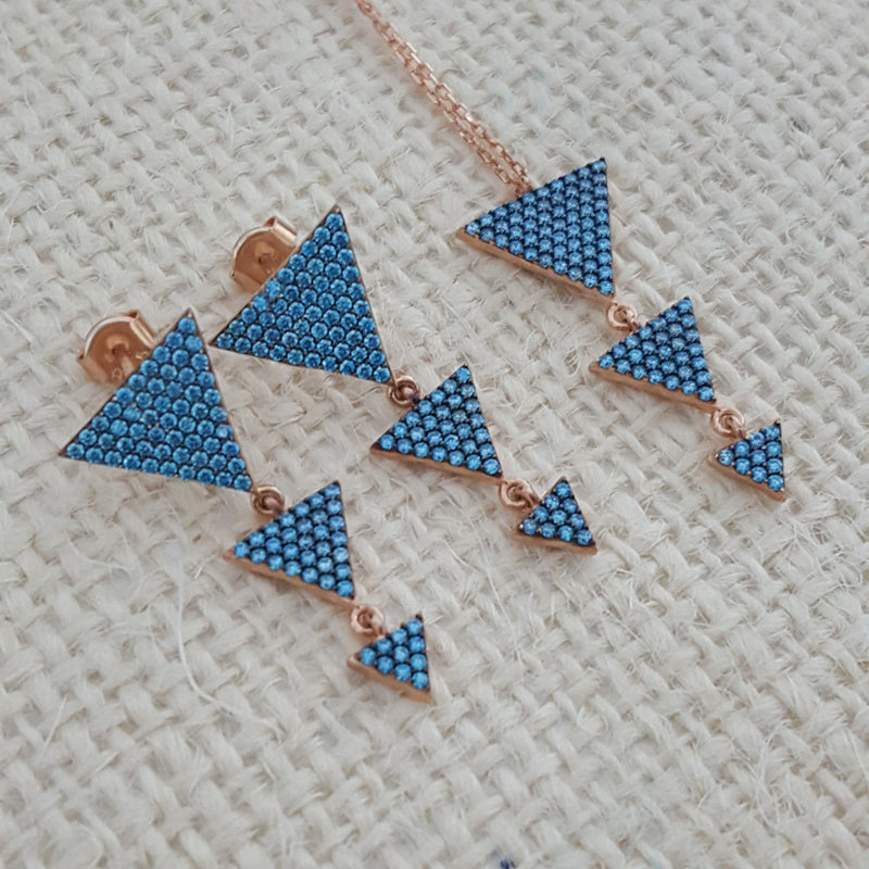 925 Sterling Silver Turquoise Stone Triangle Jewellery Set