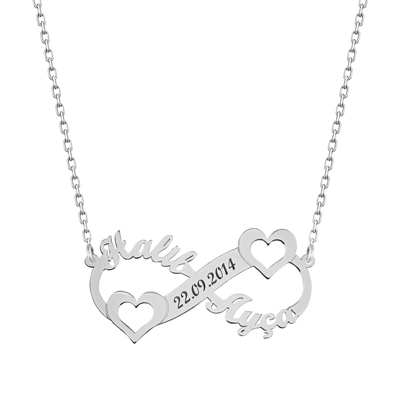 925 Sterling Silver Custom Name Date Eternity Heart Necklace