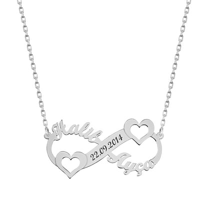 925 Sterling Silver Custom Name Date Eternity Heart Necklace