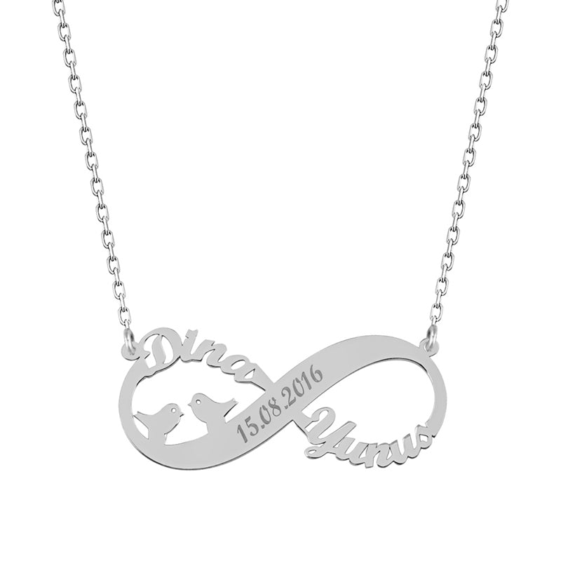 925 Sterling Silver Custom Name Date Eternity Bird Necklace