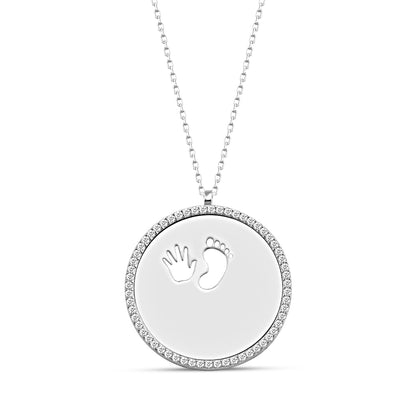 925 Sterling Silver Custom Name Zircon Stone  Round Newborn Necklace