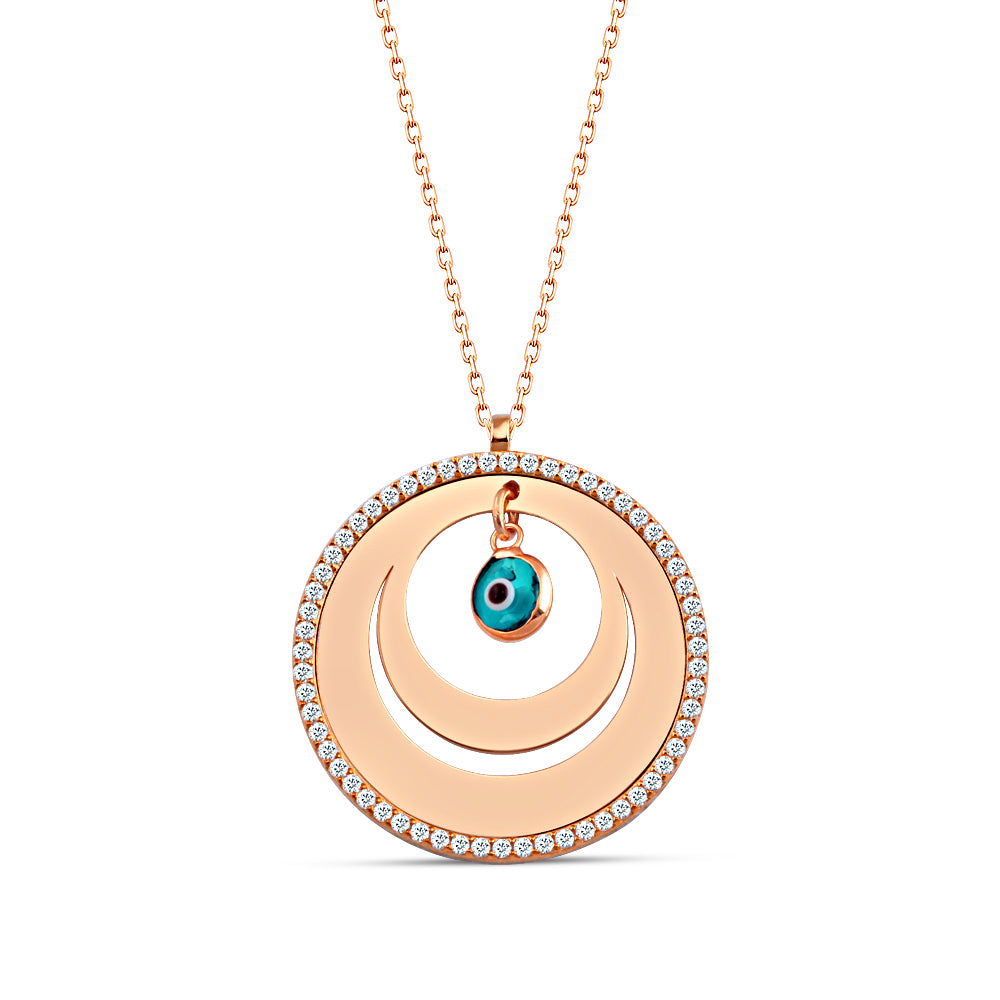 925 Sterling Silver Evil Eye Moon Zircon Stone Round Necklace