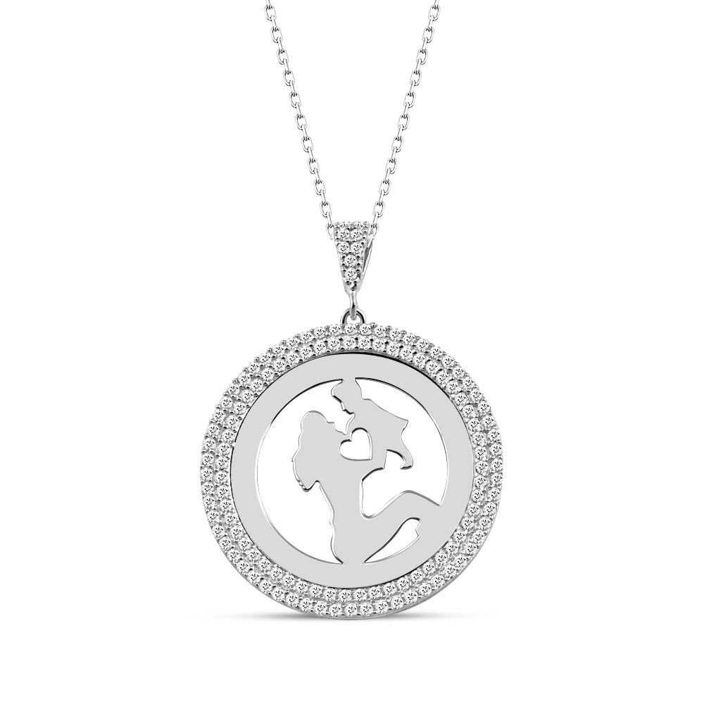 925 Sterling Silver Mother Child Zircon Stone Necklace