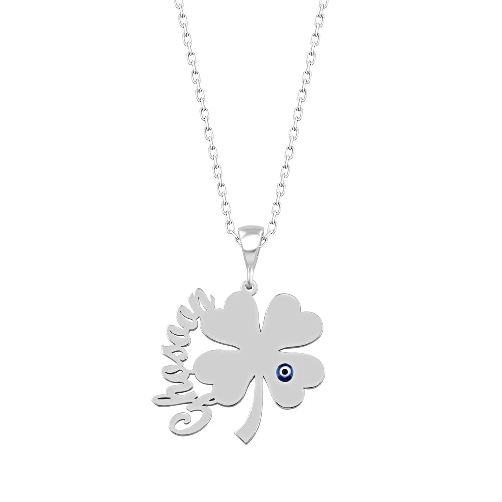 925 Sterling Silver Custom Name Clover Evil Eye Necklace