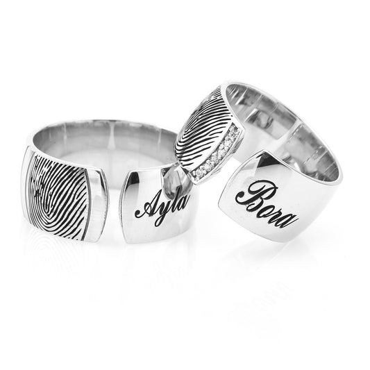 925 Sterling Silver Personalized Custom Name Fingerprint Adjustable Wedding Ring