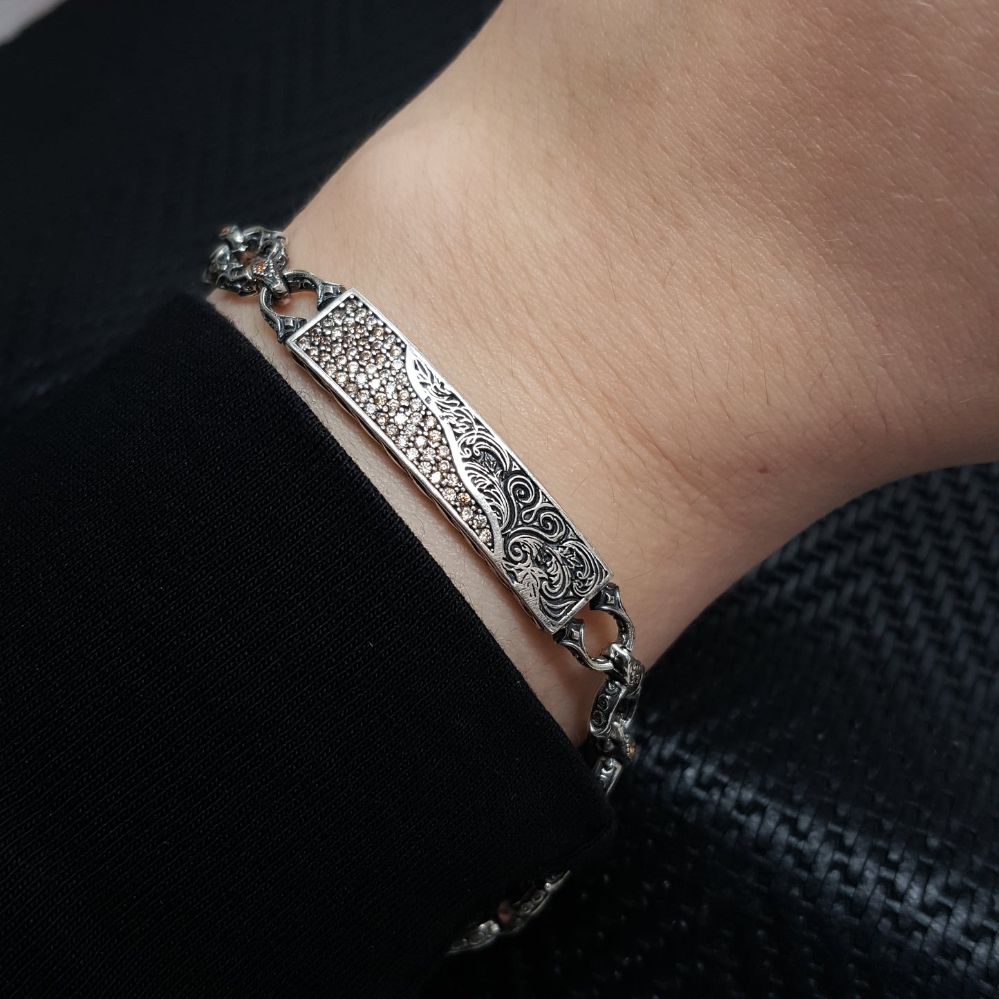 Silver Embroidered Handmade Men Bracelet 925K Sterling Silver Etnic Jewellery