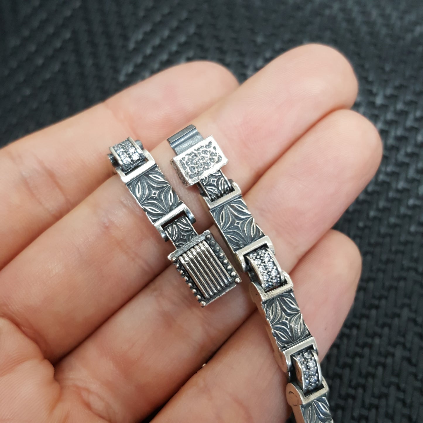 Embroidered Handmade Men Bracelet 925K Sterling Silver Etnic Men Jewellery