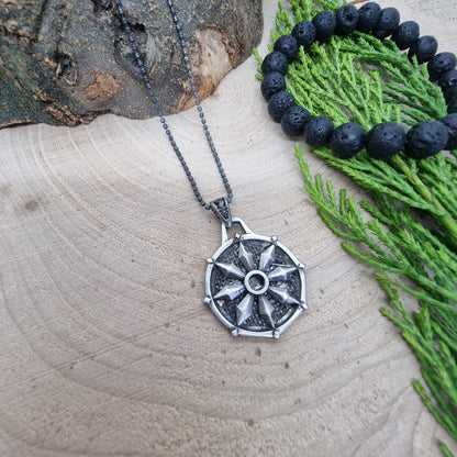 925 Sterling Silver Compass Oxidized Necklace