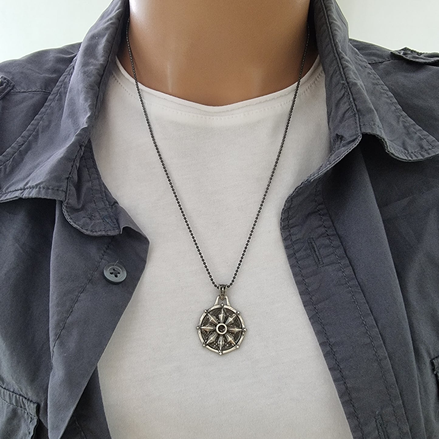 925 Sterling Silver Compass Oxidized Necklace