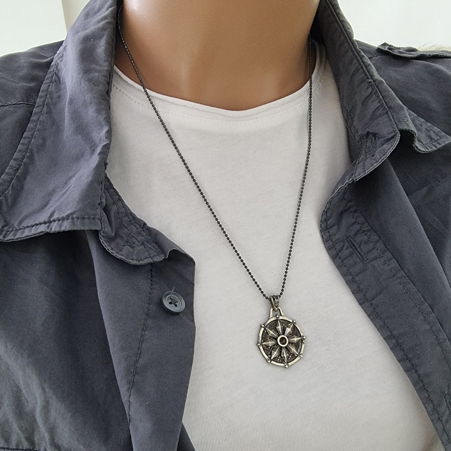 925 Sterling Silver Compass Oxidized Necklace