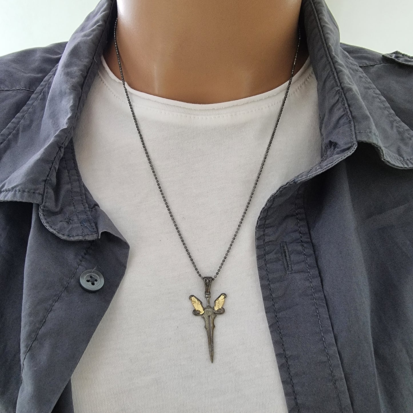 925 Sterling Silver Angel Sword Oxidized Necklace