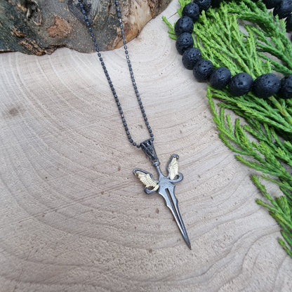 925 Sterling Silver Angel Sword Oxidized Necklace