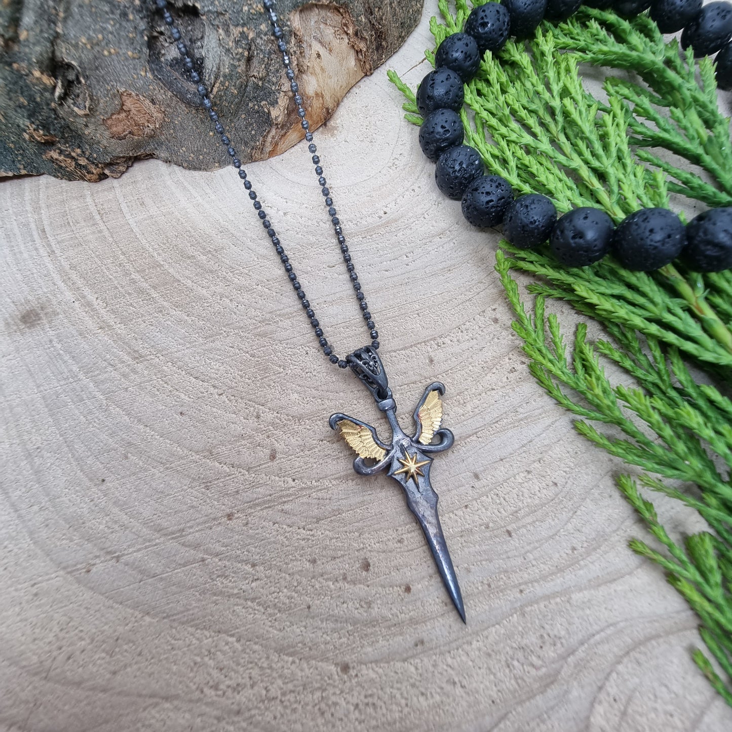 925 Sterling Silver Angel Sword Oxidized Necklace