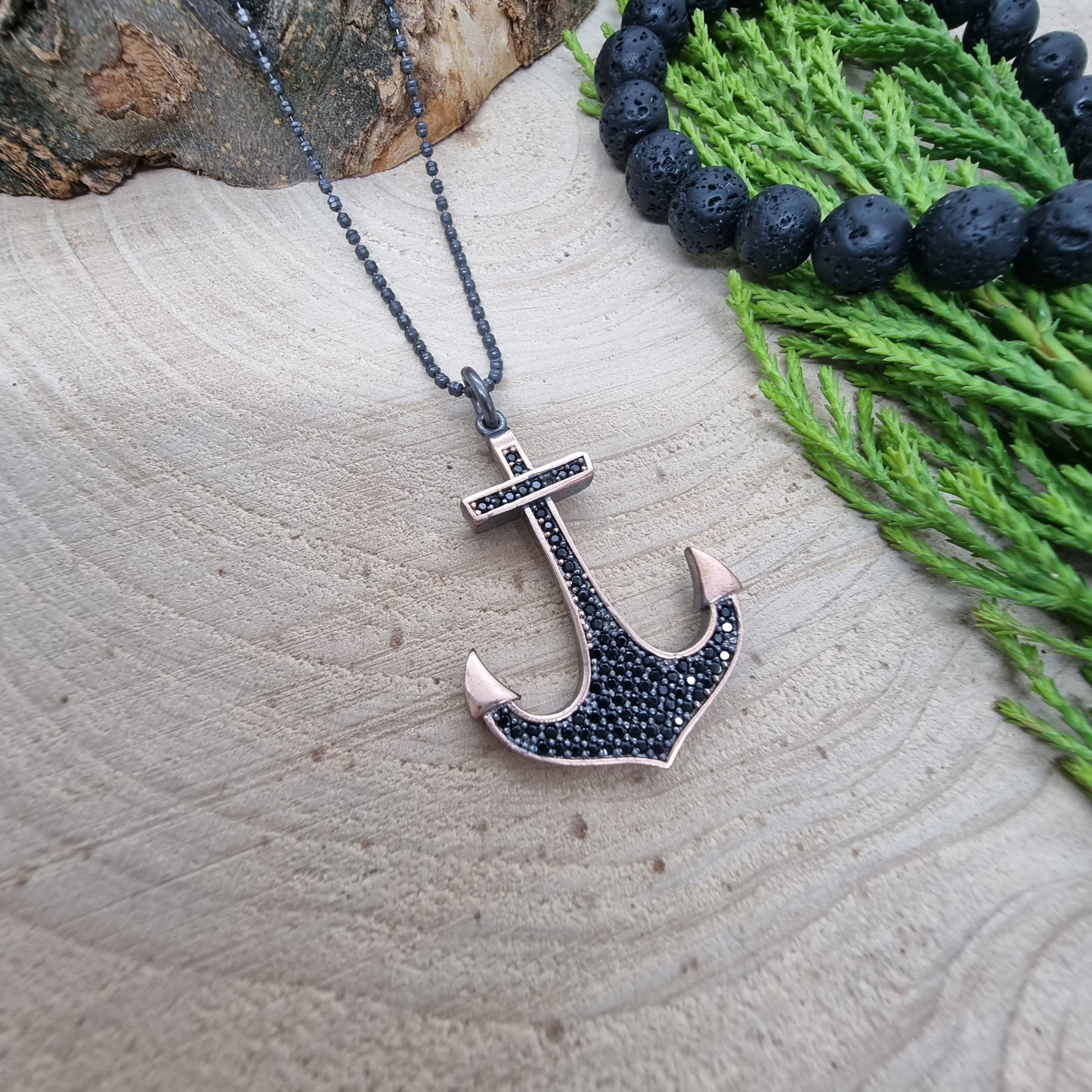 925 Sterling Silver Black Zircon Stone Anchor Necklace