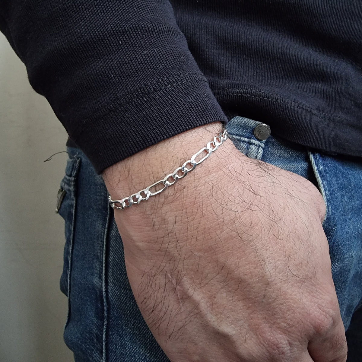 925K Sterling Silver Figaro Chain Men Bracelet