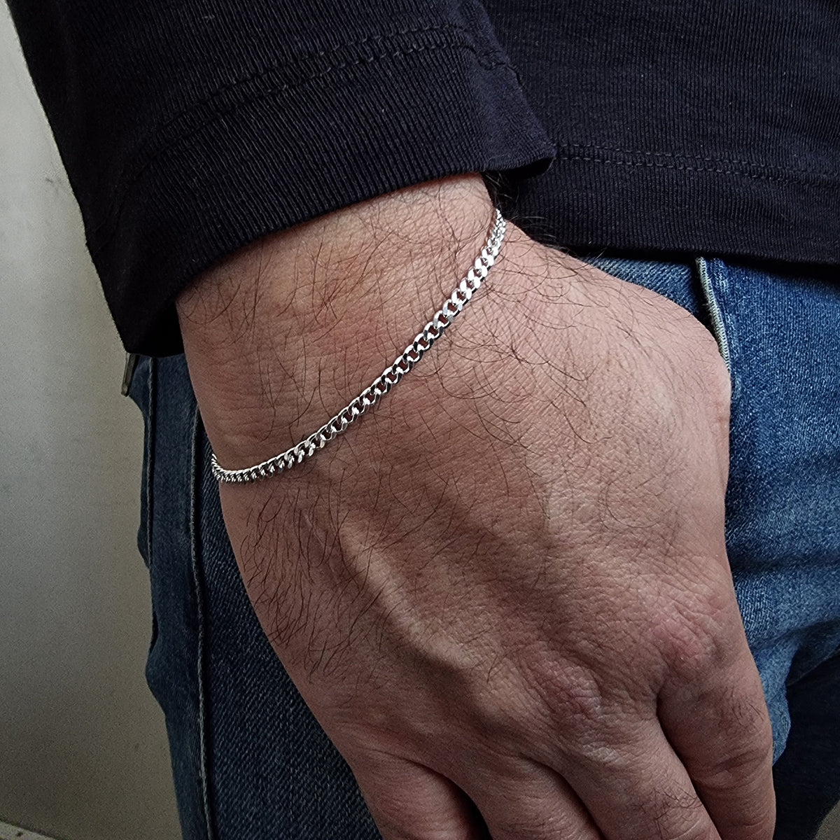 925K Sterling Silver Tight Curb Chain Men Bracelet