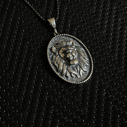 925 Sterling Silver Leon Head Madallion Men Necklace