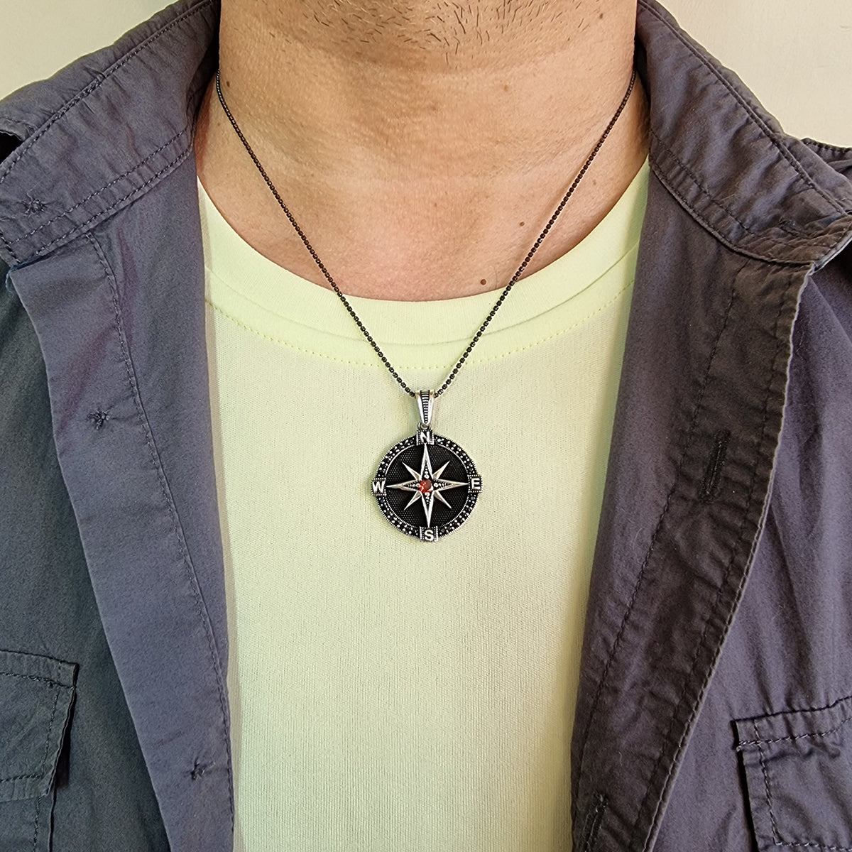 Sterling Silver Compass Men Necklace