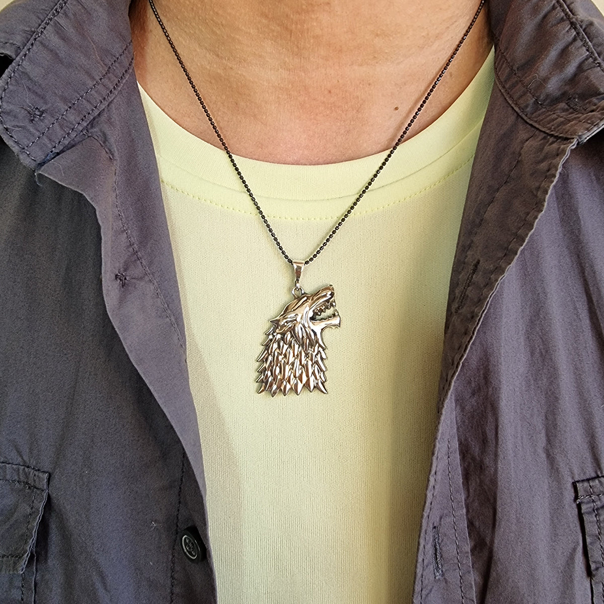 925 Sterling Silver Wolf Head Men Necklace