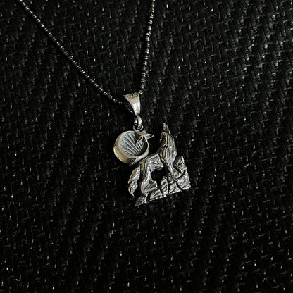 925 Sterling Silver Howling Wolf Moon and Star Men Necklace