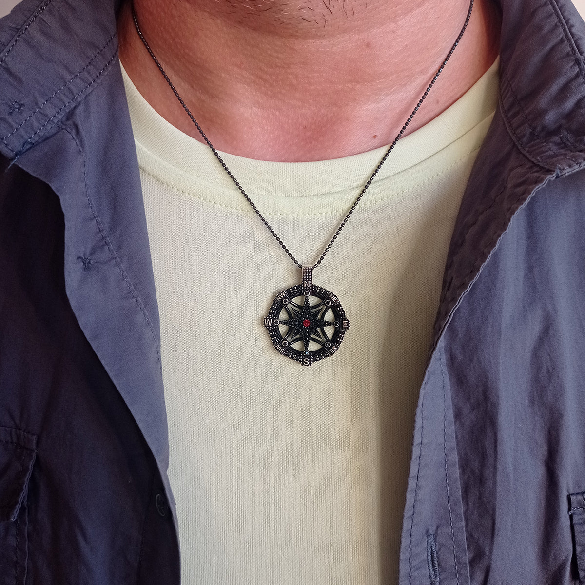 925 Sterling Silver Compass Men Necklace