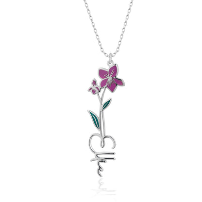 925 Sterling Silver Birth Month Flower Charm Custom Name Necklace