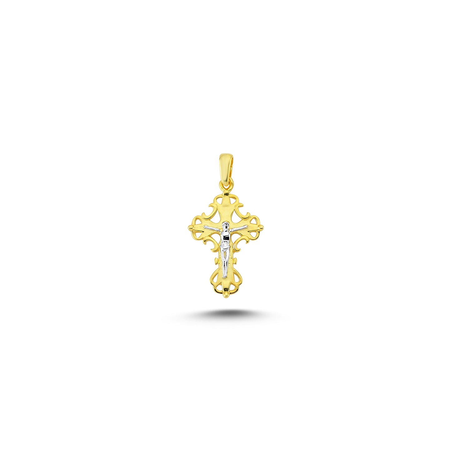 14K Yellow and White Gold Jesus Cross Charm Necklace