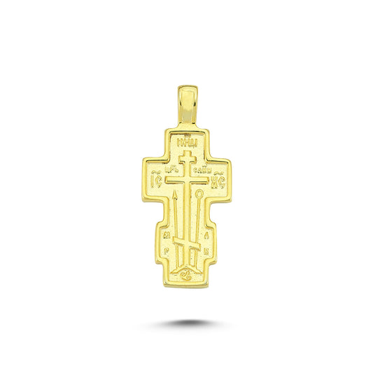 14K Gold Russian Orthodox Patterned Cross Charm Necklace