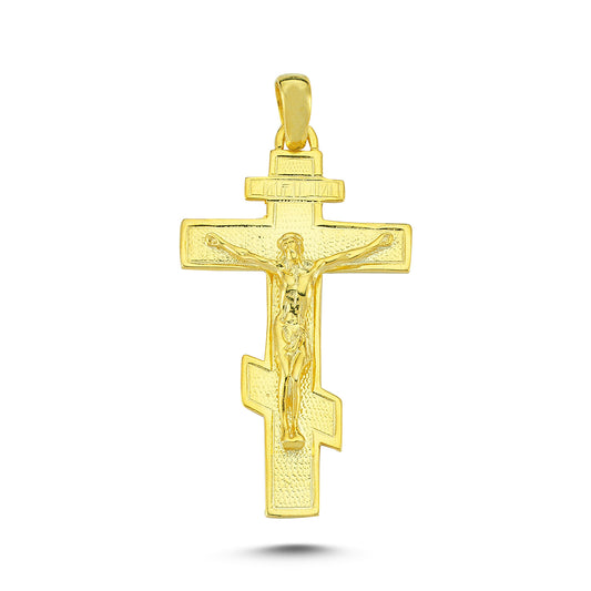 14K Gold Russian Orthodox Brass Pectoral Cross Charm Necklace