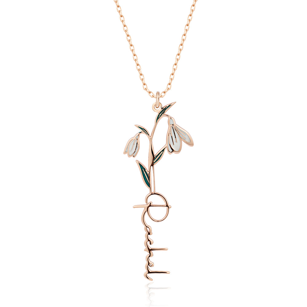 925 Sterling Silver Birth Month Flower Charm Custom Name Necklace