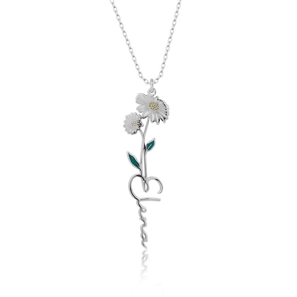 925 Sterling Silver Birth Month Flower Charm Custom Name Necklace