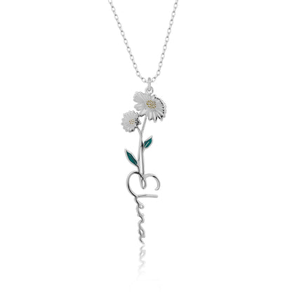 925 Sterling Silver Birth Month Flower Charm Custom Name Necklace