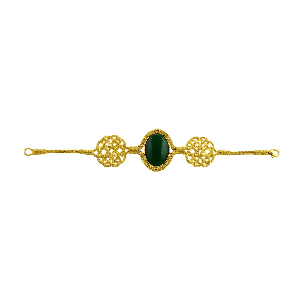 999 Silver Green Carnelian Stone Gold Hand Knit Bracelet