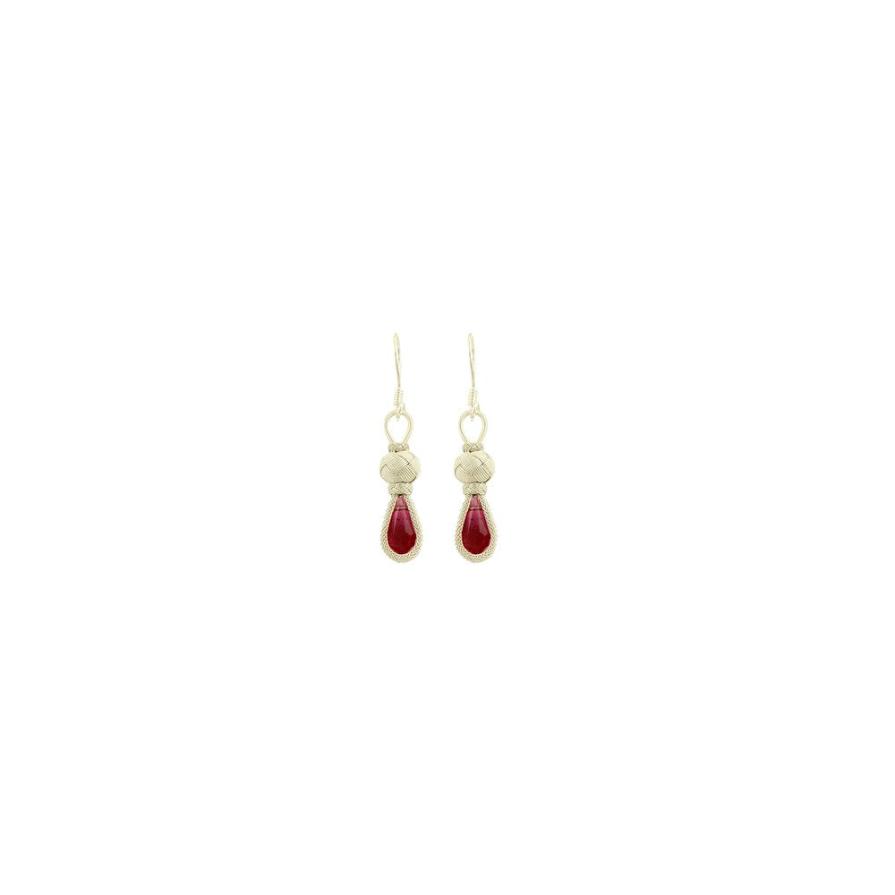 999 Sterling Silver Red Zircon Stone White Beaded Hand Knit Earring