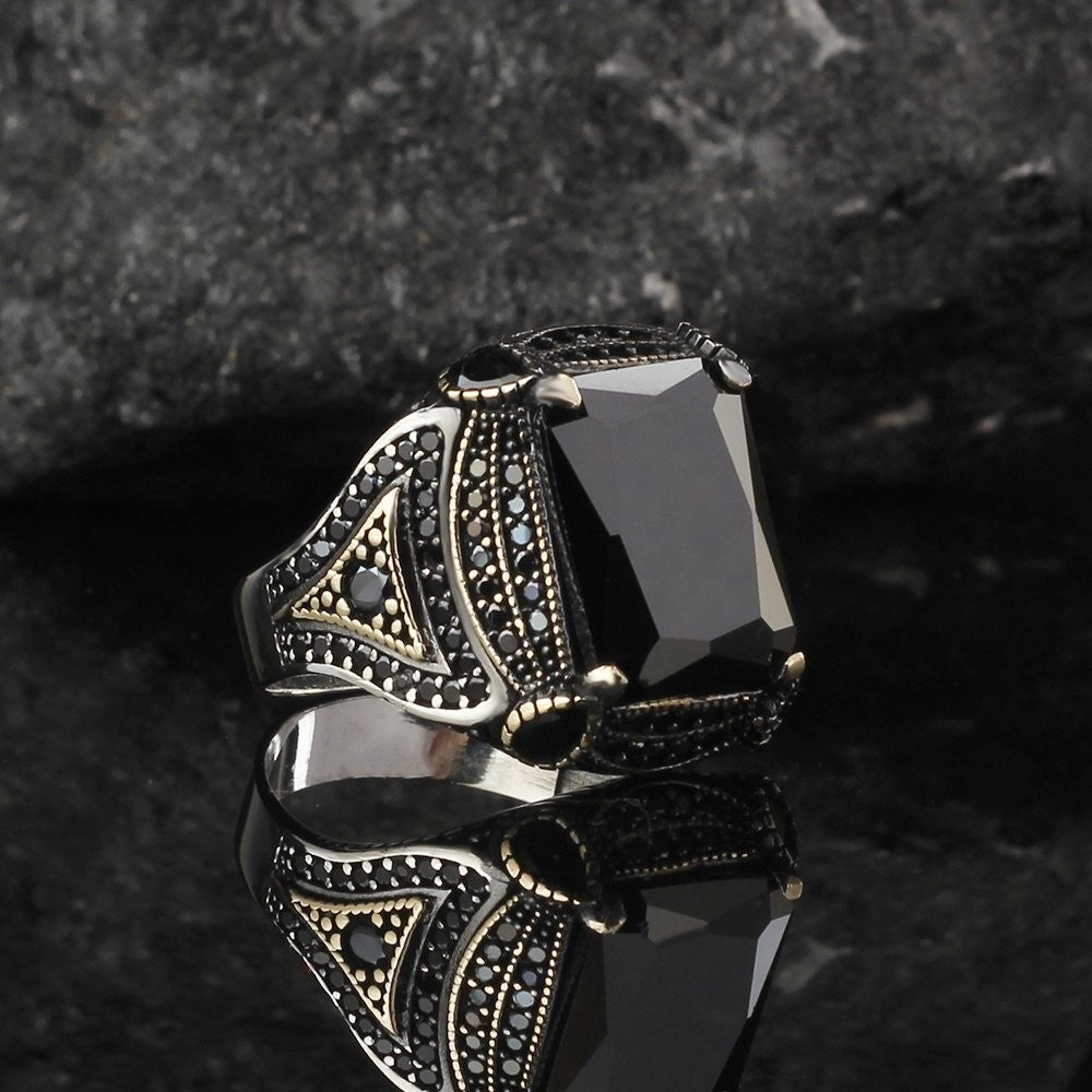 925 Sterling Silver Black Zircon Stone Square Men Ring