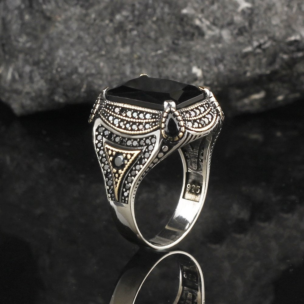 925 Sterling Silver Black Zircon Stone Square Men Ring