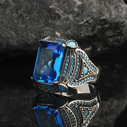 925 Sterling Silver Black Zircon Stone Square Men Ring