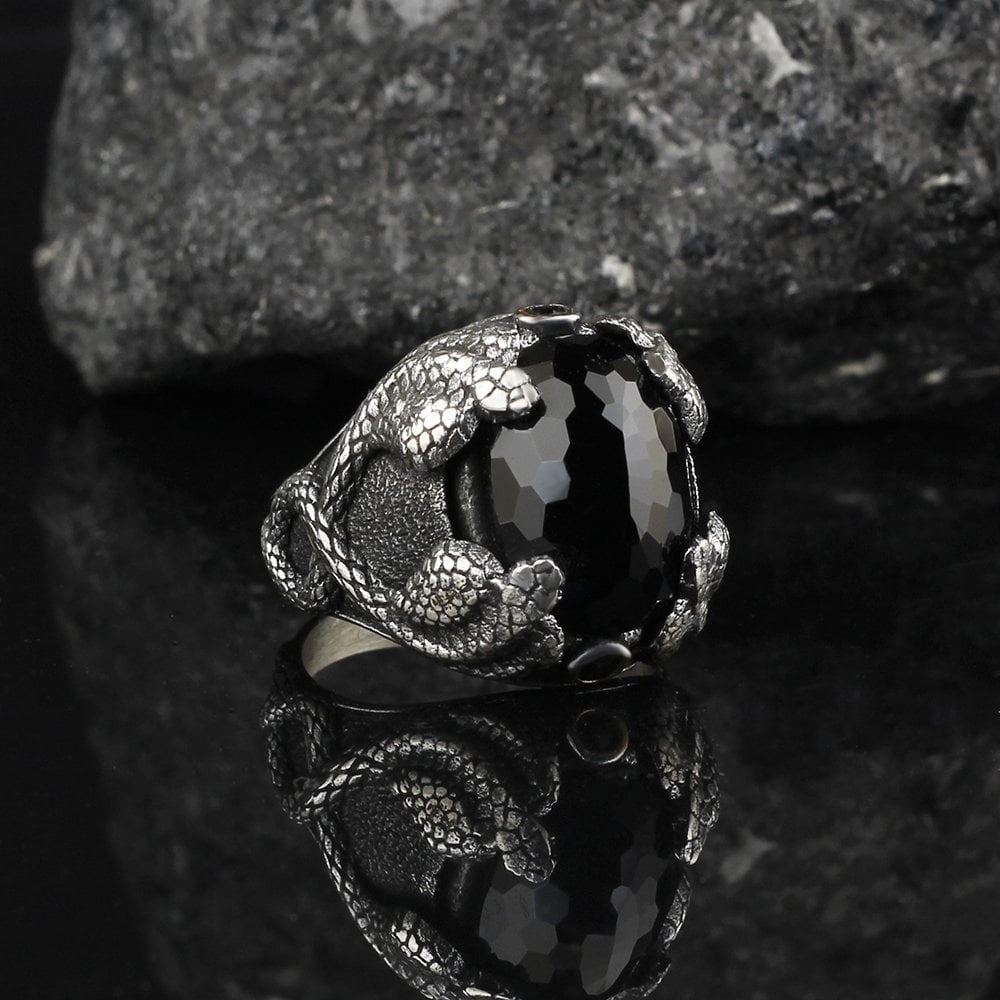 925 Sterling Silver Red Zircon Stone Snake Detail Handmade Men Ring