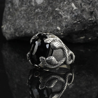 925 Sterling Silver Red Zircon Stone Snake Detail Handmade Men Ring