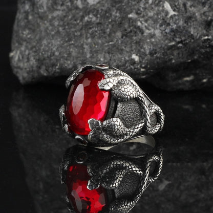 925 Sterling Silver Red Zircon Stone Snake Detail Handmade Men Ring